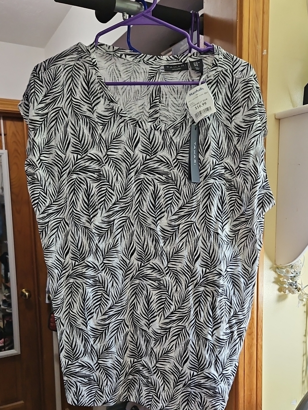 Tahati Black and White Linen  Leaf-Print Blouse